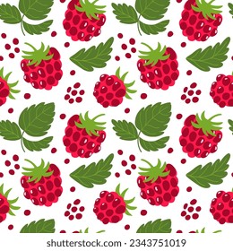 Raspberry sin costuras. Vectores de verano bayas repiten fondo, papel pintado, fruta fresca impresa, papel de envoltura, diseño de paquete, textil. Jugosa ilustración. Frambuesas y hojas dibujadas a mano.