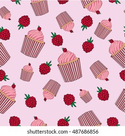 Raspberry seamless vector pattern with cakes and berries on the light pink background.