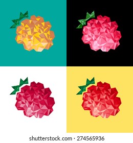 Raspberry set. Red, pink, yellow raspberry. Polygonal design.