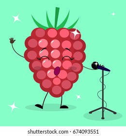 Raspberry Smiley sings into a microphone in a cartoon style.