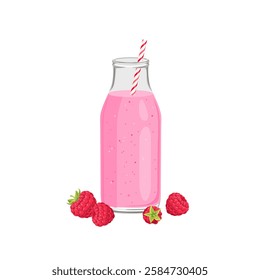 Raspberry smoothie in bottle with straw. Healthy juice and fresh berry. Vector cartoon flat illustration.