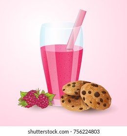 Raspberry smoothie,  chocolate chip cookies - vector illustration