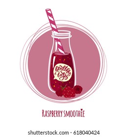 Batido de frambuesa. Linda botella de cóctel saludable. Bebida de desintoxicación. Bebida sana y sabrosa de bayas de jardín y bosque. Ilustración vectorial. Letras dibujadas a mano.