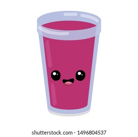 Raspberry smoothie cute kawaii character. Well being and weight loss concept. Raspberry Fresh juice organic. Vector illustration sketch. Glass of milkshake or cocktail. Isolated on white background.