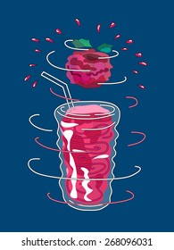 Raspberry smoothie. Raspberry juice. Design element for cafe or restaurant with energetic fresh drink. Fresh juice for healthy life. Organic raw shake. Hand drawn illustration. Rotating glass.