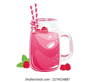 Raspberry smoothie on a white background.Summer refreshing drink in a jar with fresh raspberries.Vector illustration.