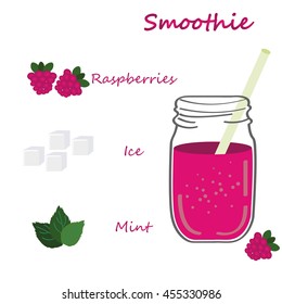 Raspberry Smoothie Recipe. Doodle Style. Cartoon To Go Cup With Different Fruits Smoothies Cocktail. Natural Bio Drink, Healthy Organic Food. Vector Illustration In Flat Style