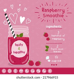 Raspberry smoothie recipe. With illustration of ingredients and vitamin. Doodle style