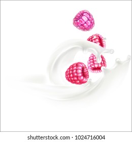 raspberry spray of milk yogurt 3d realistic vector illustration