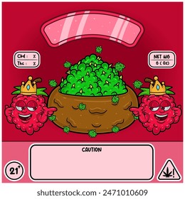 Cepa de frambuesa con Weedbud en estilo de dibujos animados. Diseño de malezas para el logotipo, la etiqueta y el Producto de embalaje. Ilustración vectorial.