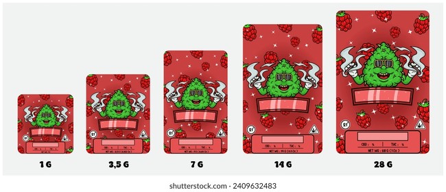 Raspberry Strains and Weed Bud With Smoking Mascot Cartoon. Product Packaging Cover Set With 1G, 3,5G , 7G, 14G and 28G. Scalable Size Without Losing the Quality and Well Organized Layers. Vectors.