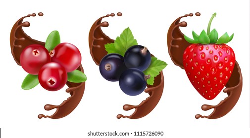 Raspberry, strawberry and black currant in chocolate splash reaistic set
