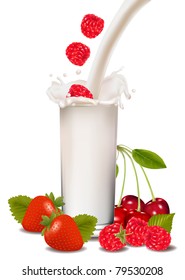 Raspberry and strawberry falling into the milk splash. Vector illustration.