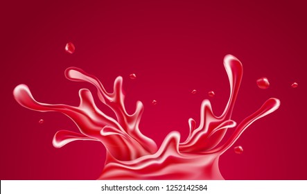 Raspberry or strawberry juice splash spray and drops of fruity sweet drinking water. Realistic liquid with bubbles, gradient mesh used. EPS10 vector illustration.