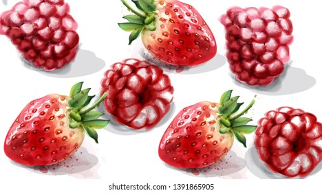 Raspberry and strawberry Vector watercolor. Juicy banner summer posters