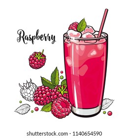 Raspberry summer cool drink with fresh ripe fruits and ice in glass in sketch style isolated on white background. Hand drawn refreshing juice beverage with berries in vector illustration.