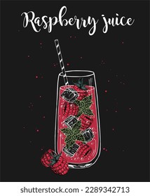 Raspberry summer cool drink with fresh ripe fruits and ice in glass in sketch style isolated on black background. Hand drawn refreshing juice beverage with berries in vector illustration.