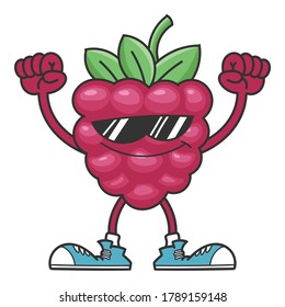 Raspberry con gafas de sol personaje de caricatura aislado en blanco