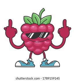 Raspberry with sunglasses cartoon giving the middle fingers isolated on white