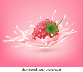 Raspberry sweet pink milk with berries and splashes realistic, Fruit and yogurt. vector 3d illustration.