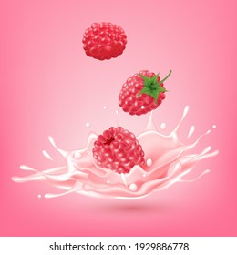 Raspberry sweet pink milk with berries and splashes realistic, Fruit and yogurt. vector 3d illustration.