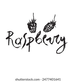 Raspberry symbol, raspberries illustration. Vector monochrome drawing of raspberries or blackberries drawn. Red berry icon for confectionery packaging. Blackberry sketch. Mulberry sign.