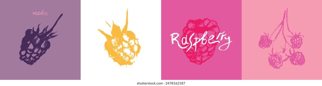 Raspberry symbols. Raspberries set of vector icons. Raspberries logo template and blackberries signs. Pink berry badges. Blackberry sketches. Handdrawn mulberry illustrations.