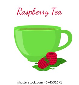 Raspberry tea in cup with berries. Healthy organic natural fruit tea. Vector illustration. Made in cartoon flat style
