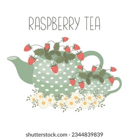 Raspberry tea, healthy drink. Teapot and cup with raspberry tea and chamomile flowers. Illustration, vector
