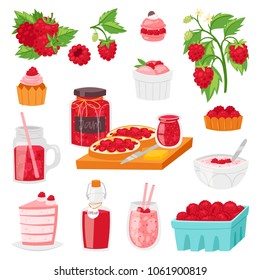 Raspberry vector berrying ripe red berry for fresh juice or juicy jam and sweet dessert cake or cupcake with ice cream illustration berrylike set isolated on white background