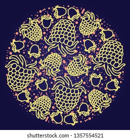 Raspberry vector circle pattern. Funny doodle healthy food on a dark background.