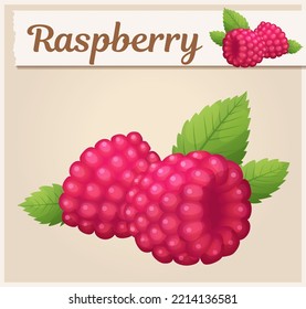 Raspberry vector icon, sweet pink berry with leaves cartoon illustration, fresh summer season healthy organic food