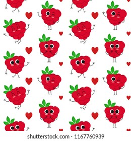 Raspberry, vector seamless pattern with cute cartoon fruit characters isolated on white with hearts