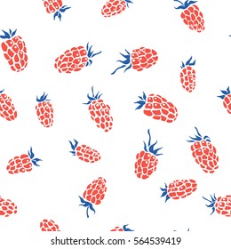 Raspberry. Vector seamless pattern. Floral texture with summer wild berries. Hand drawn illustration with fruits isolated on white background