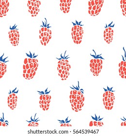 Raspberry. Vector seamless pattern. Floral texture with summer garden berries. Hand drawn illustration with fruits isolated on white background
