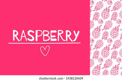 Raspberry! Vintage berries background with seamless pattern. Design frame for sweets, soaps, drinks, menu and health products. Hand-drawn vector stock border.