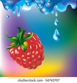 Raspberry in water drops