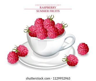 Raspberry in a white cup Vector realistic. Summer fruits delicious template. 3d detailed illustrations
