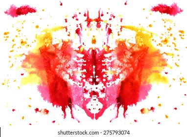raspberry -yellow watercolor symmetrical Rorschach blot on a white background