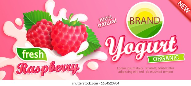 Raspberry Yogurt label. Natural and fresh berries in milk splashes for your brand, logo, emblem, sticker. Organic and sweet dessert. Template for your design.Vector illustration.