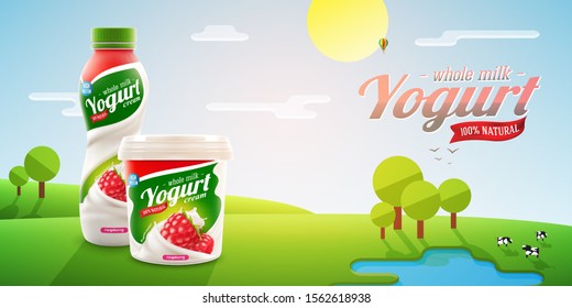 Raspberry yogurt packaging design on shiny outdoor background with trees and cows, flat techique vector illustration for milk or yogurt product branding or advertising design