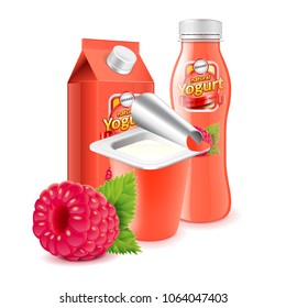 Raspberry yogurt packagings box bottle and cup 3d photo realistic vector