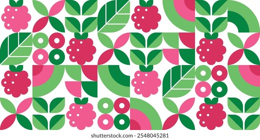 Raspberry.Abstract geometric seamless pattern. Organic food. Leaves and berries. Set of icons in simple flat style. Elements isolated on a white background. Vector illustration.