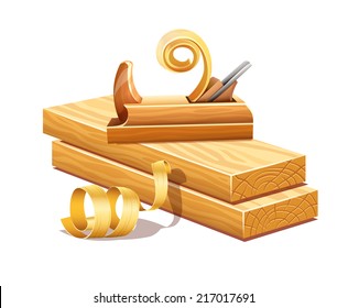 Rasped wooden boards by planer tool and filings sawdusts. Eps10 vector illustration. Isolated on white background