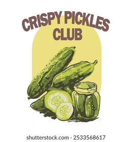 raspy Pickles Club. arte vegetal para impressão de camiseta, cartaz, adesivo e outros usos. Comida vegana fresca. design de t-shirt vintage. Exploração vegetal biológica