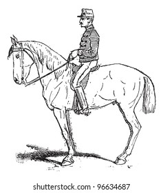 Rassembler, un ejercicio destinado a aumentar la movilidad del caballo mientras entrenaba, ilustración vintage grabada. Diccionario de palabras y cosas - Larive y Fleury - 1895.