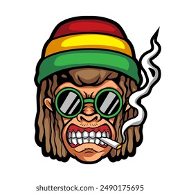 Rassta monkey mascot smoking sunglasses logo illustration premium vector