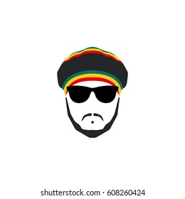 Rasta Cap with moustache and beard on white background. Jamaican Hat.