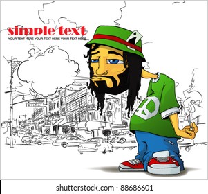 Rasta character on a city-background. Vector illustration. Place for your text. EPS10