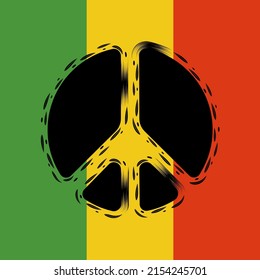 Rasta flag with a silhouette peace symbol. Vector colored background.